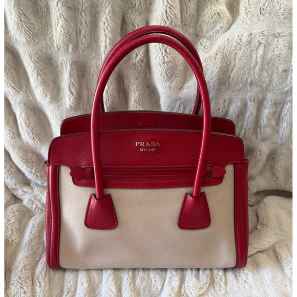 Prada Handbags - Prada Milano Red Saffiano Leather and Beige Canvas Tote Bag Handbag